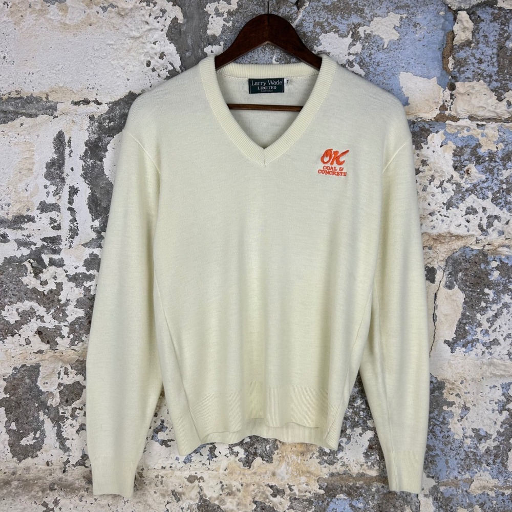 Vintage Larry Wade V-neck Sweater Cream OK Coal Concrete Logo Pullover Mens M